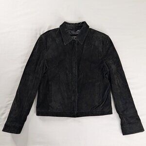 VTG Black Suede Leather Limited Full Zip Collared Lined Coat Y2k